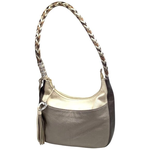 Rare Retired Brighton Barbados Zip Top Hobo Shoulder Bag Colorblock Pewter Cream - Picture 2 of 10